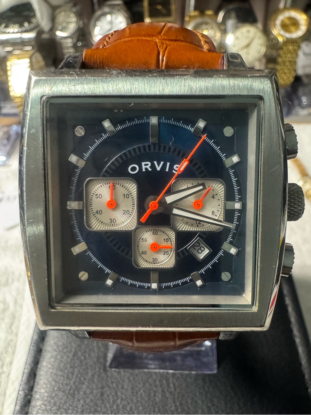 Orvis Blue Dial Chronograph Watch with Brown Leather Strap